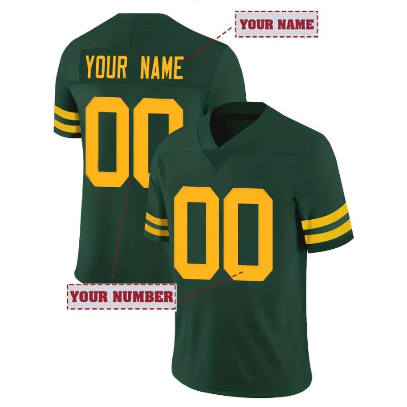 Custom Men's Green Football Jersey for Green Bay Fans with yellow lettering and numbers on a white background