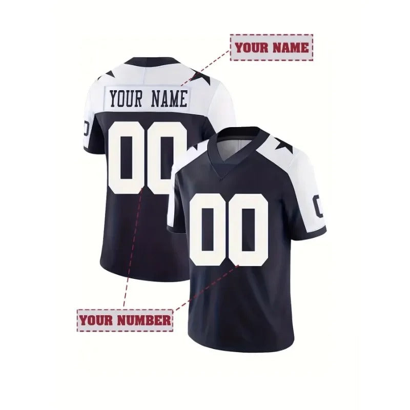 Custom Men's Navy Blue Football Jersey for Dallas Fans – Front and Back View with Personalized Name and Number