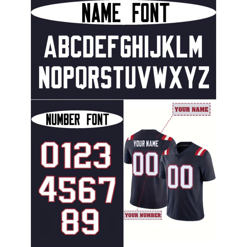 Customizable football jersey design preview showing a navy jersey with red and white lettering options, including a name font, number font, and front/back views with placeholder text 'YOUR NAME' and 'YOUR NUMBER'.