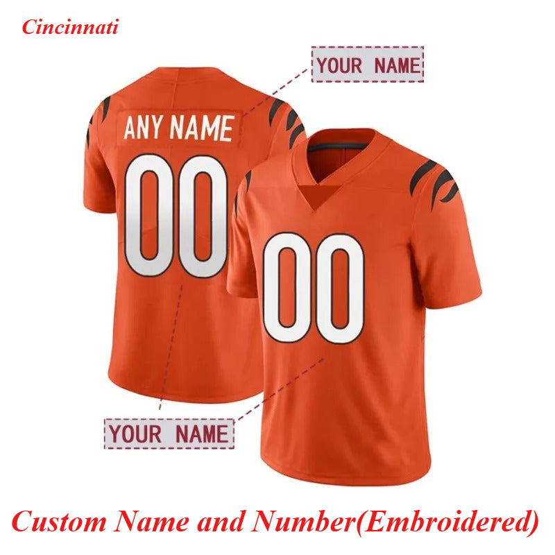Custom Men's Orange Football Jersey for Cincinnati Fans – Front and Back View with Stitched Name and Number