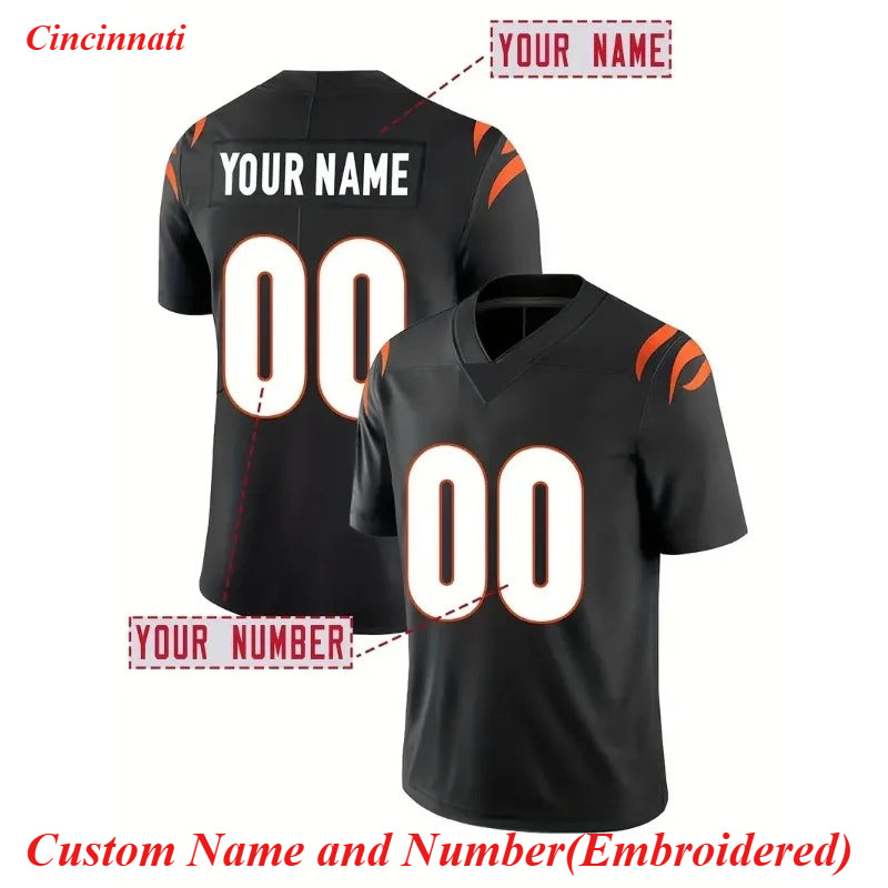 Custom Men's Black Football Jersey with Tiger Stripe Sleeves – Personalized Stitched Name and Number for Cincinnati Fans