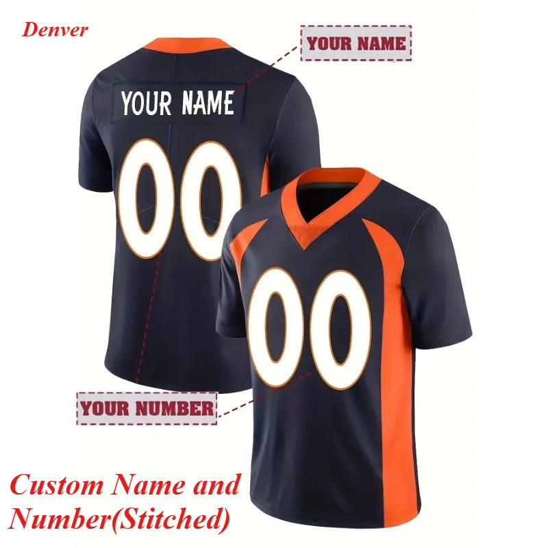 Custom Men's Navy and Orange Football Jersey for Denver Fans – Front and Back View with Stitched Name and Number