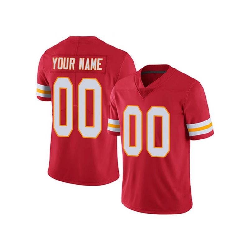 Two red customizable football jerseys for Kansas City Fan shown on a white background, displaying both the front and back views. The back features 'YOUR NAME' and '00' in white with gold outlines, while the front shows '00' in a similar style.