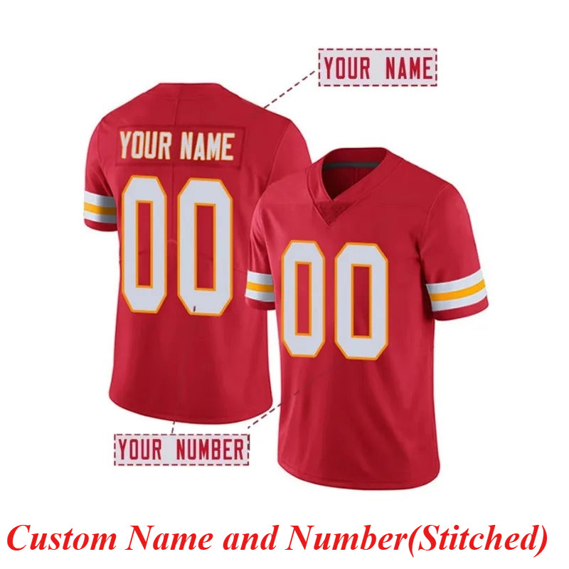 Red customizable football jersey shown from both front and back, with 'YOUR NAME' and 'YOUR NUMBER' text placeholders, plus a red caption at the bottom reading 'Custom Name and Number(Stitched)'.