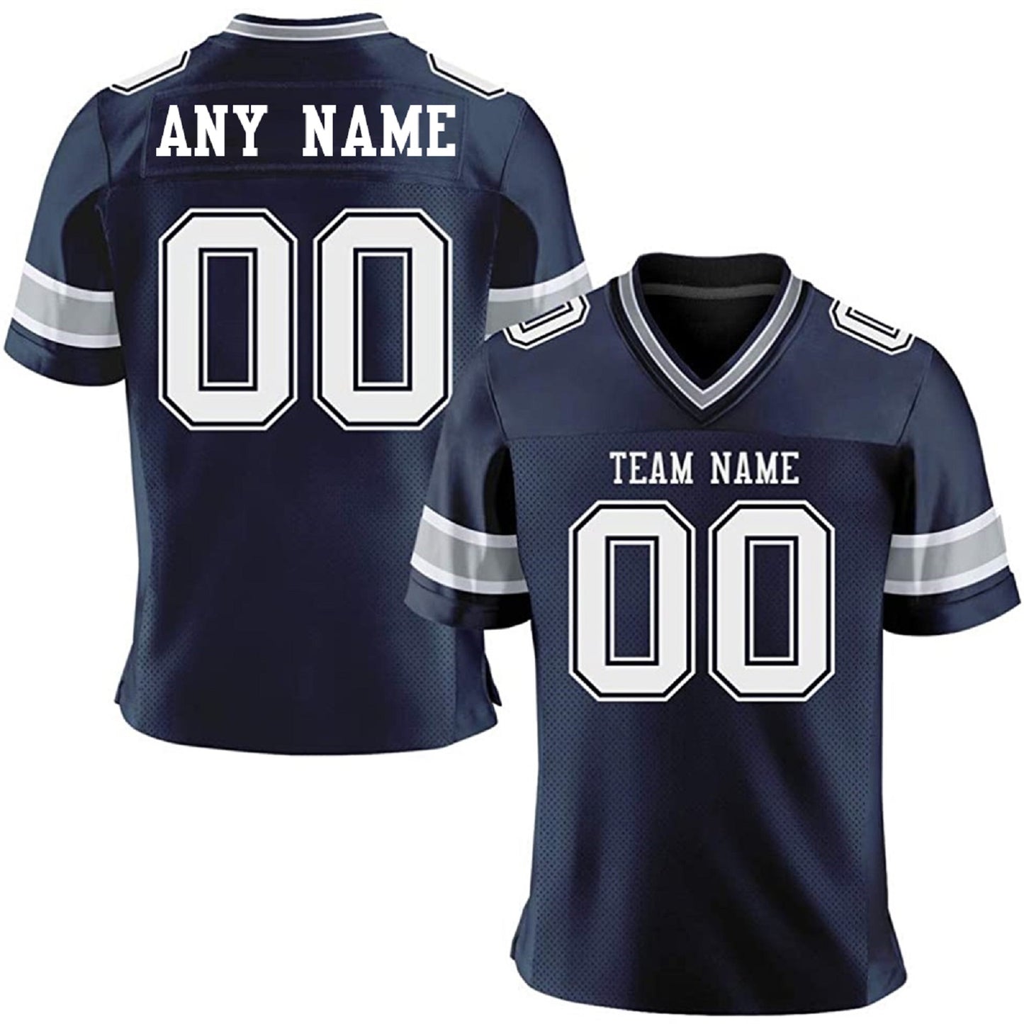 Front and back views of a men's navy blue football jersey with customizable white text and numbers, featuring gray and white sleeve stripes. | 4 Fan SHOP