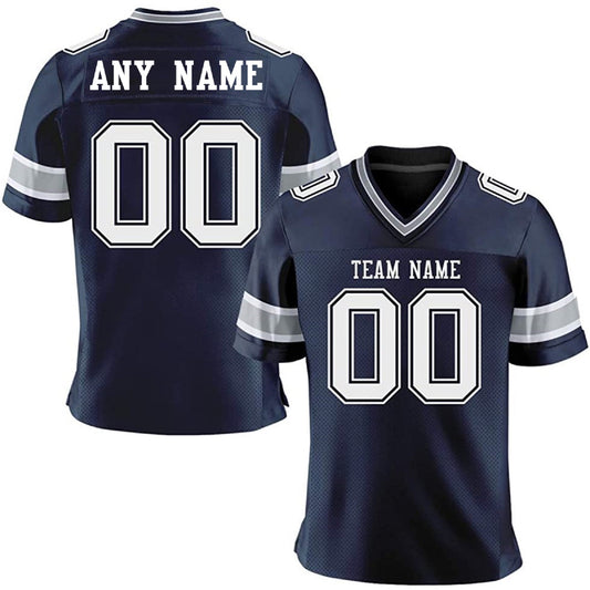 Front and back views of a men's navy blue football jersey with customizable white text and numbers, featuring gray and white sleeve stripes. | 4 Fan SHOP