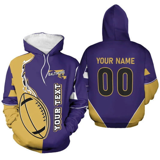 Front and back view of a customized Baltimore football hoodie in purple and gold, featuring a flame football design, Maryland state map, and personalized name "YOUR NAME" and number "00" on the back.