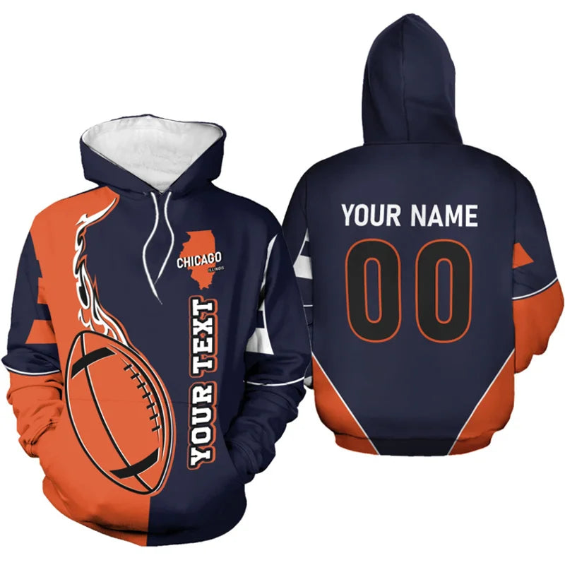 Front and back view of a customized Chicago football hoodie in navy blue and orange, featuring a flame football design, Illinois state map, and personalized name "YOUR NAME" and number "00" on the back.