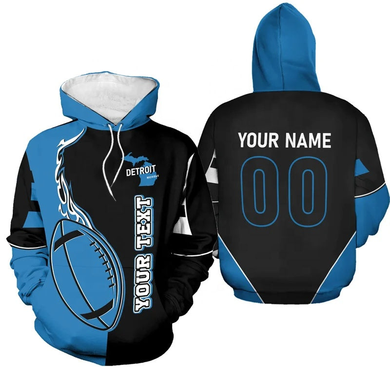 Personalized Honolulu blue and silver Detroit football hoodie featuring a flaming football design with customizable name and number on the back - Gameday Hoodie