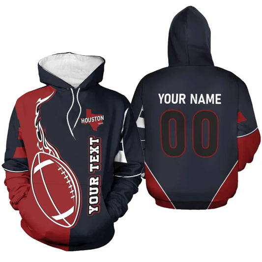 Front and back view of a customized Houston football hoodie in deep steel blue and battle red, featuring a flame football design, Texas state map, and personalized name "YOUR NAME" and number "00" on the back.