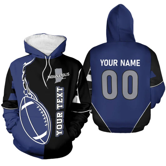 Customizable Indianapolis football fan hoodie in royal blue and black, featuring a flaming football graphic, Indiana state outline, personalized front text, and 'YOUR NAME 00' on the back