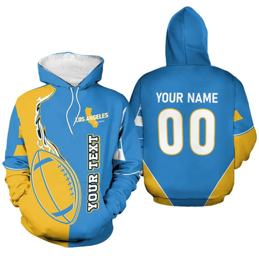 A personalized blue and yellow Los Angeles football hoodie with flaming ball graphic, featuring customizable name and number on the back