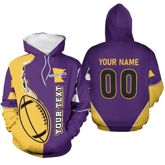 Front and back view of a customized Minnesota football hoodie in purple and gold, featuring a flame football design and personalized name "YOUR NAME" and number "00" on the back.