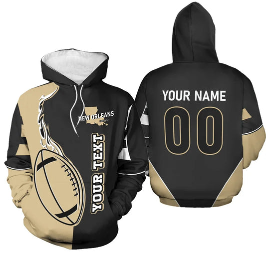 Front and back view of a customized New Orleans football hoodie in black and gold, featuring a flame football graphic and personalized name "YOUR NAME" and number "00" on the back.