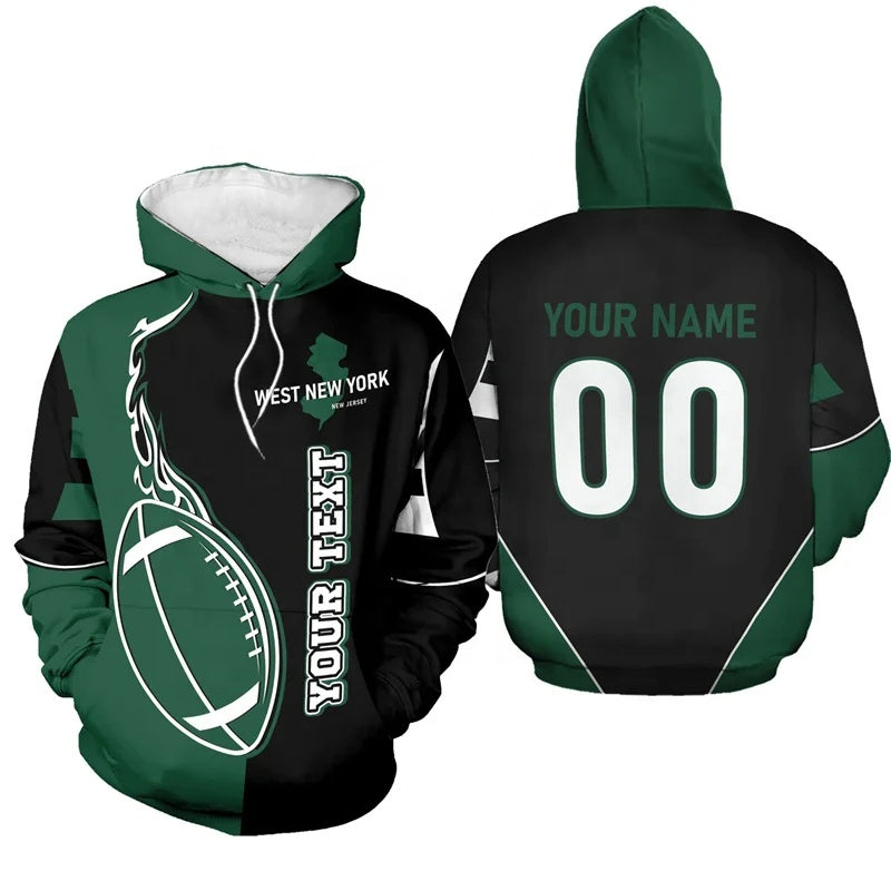 Personalized green and white New York football hoodie featuring a flaming football design with customizable name and number on the back