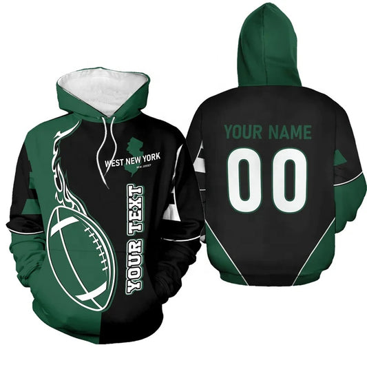 Personalized green and white New York football hoodie featuring a flaming football design with customizable name and number on the back