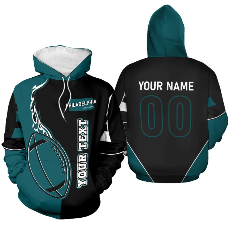 Front and back view of a customized Philadelphia football-themed hoodie featuring a midnight green flame design with personalized name "YOUR NAME" and number "00" on the back.