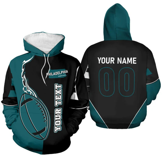 Front and back view of a customized Philadelphia football-themed hoodie featuring a midnight green flame design with personalized name "YOUR NAME" and number "00" on the back.