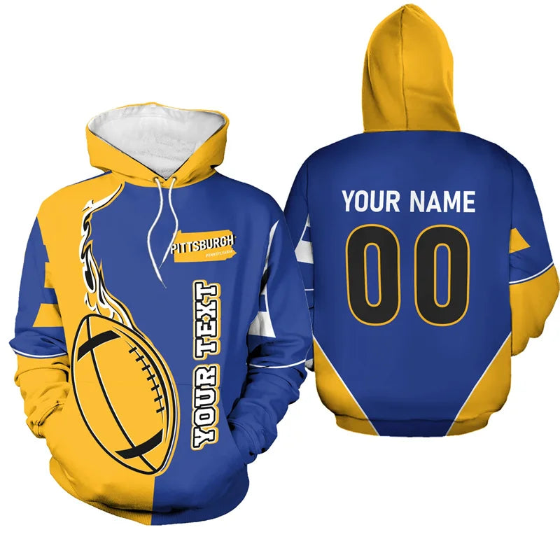 Front and back view of a custom Pittsburgh football-themed hoodie featuring a flame design, personalized name "YOUR NAME" and number "00" in blue, gold, and white
