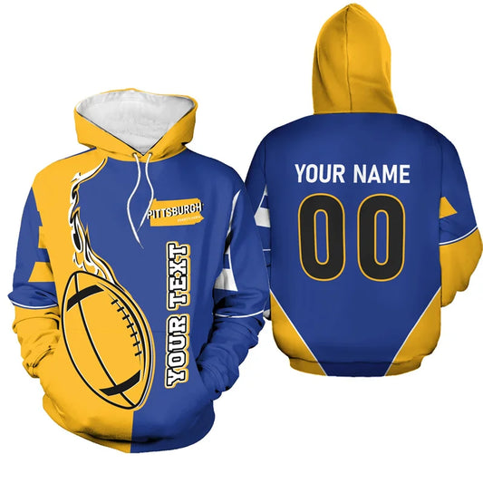 Front and back view of a custom Pittsburgh football-themed hoodie featuring a flame design, personalized name "YOUR NAME" and number "00" in blue, gold, and white