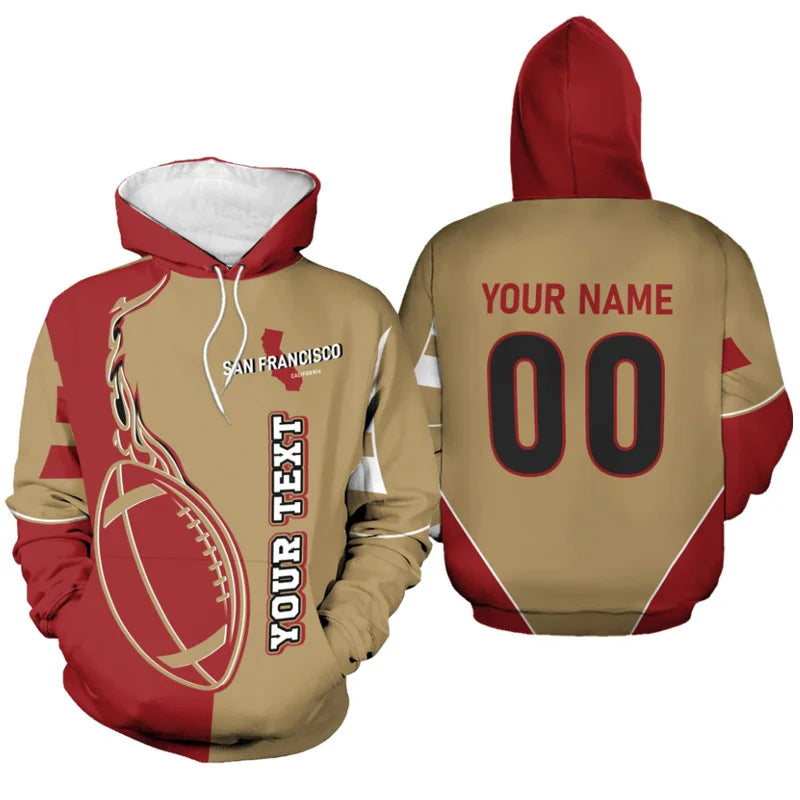 Customizable San Francisco football fan hoodie in red and gold, featuring a flame design, personalized front text, and 'YOUR NAME 00' on the back.