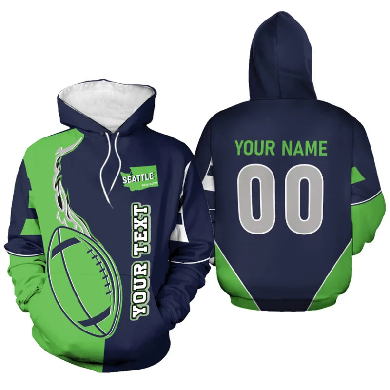 Custom Seattle Seahawks football-themed hoodie shown from the front and back. The hoodie is navy blue and bright green with white accents, featuring a football graphic on the front, 'SEATTLE' patch, and customizable text/number placeholders on the back.