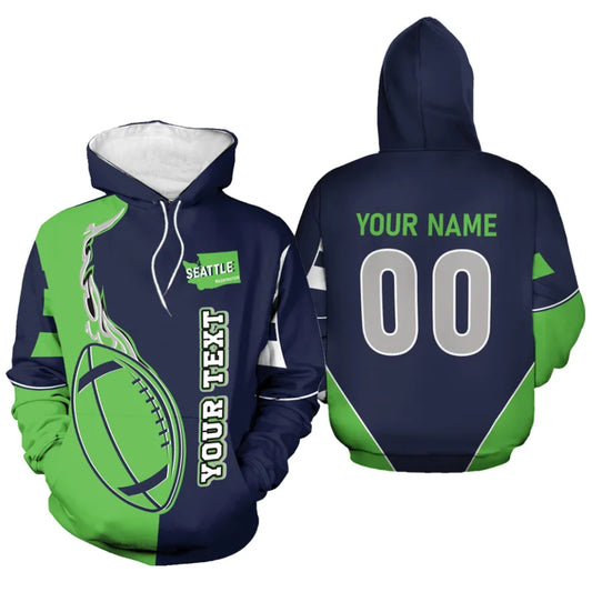 Custom Seattle Seahawks football-themed hoodie shown from the front and back. The hoodie is navy blue and bright green with white accents, featuring a football graphic on the front, 'SEATTLE' patch, and customizable text/number placeholders on the back.