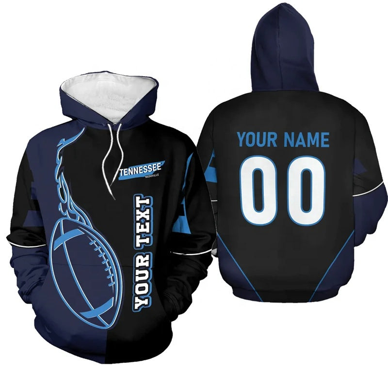 Personalized Tennessee Flame Football Hoodie in navy blue with custom name and number on back