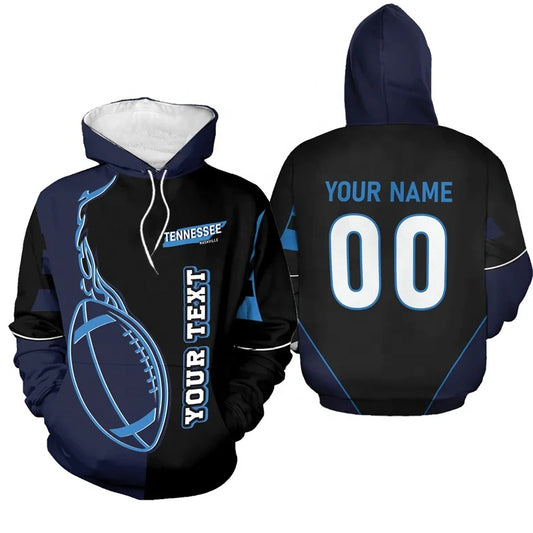 Personalized Tennessee Flame Football Hoodie in navy blue with custom name and number on back