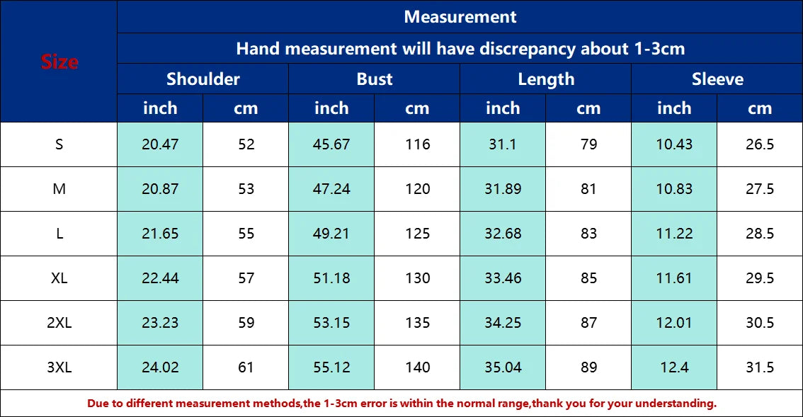 Measurement chart for jersey footabll sizes with shoulder, bust, length, and sleeve dimensions.
