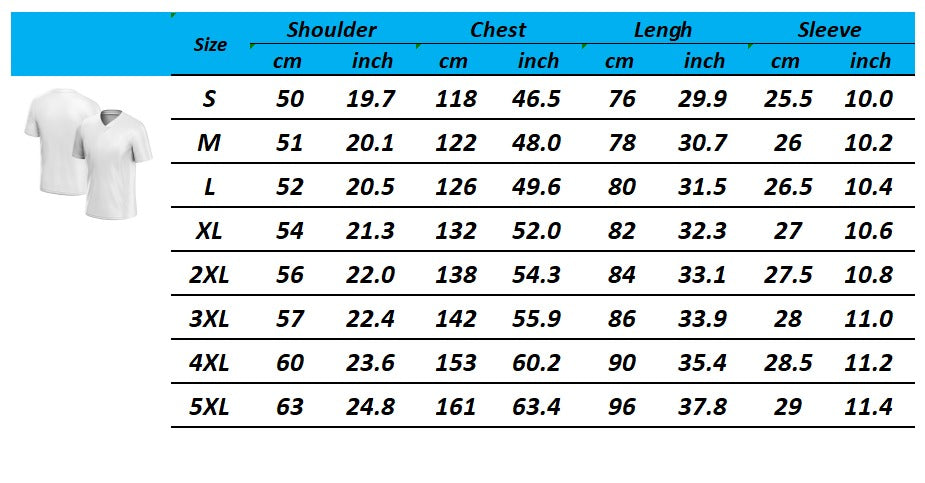 A size measurement chart for jersey showing measurements in centimeters and inches for sizes S through 5XL across shoulder, chest, length, and sleeve columns.